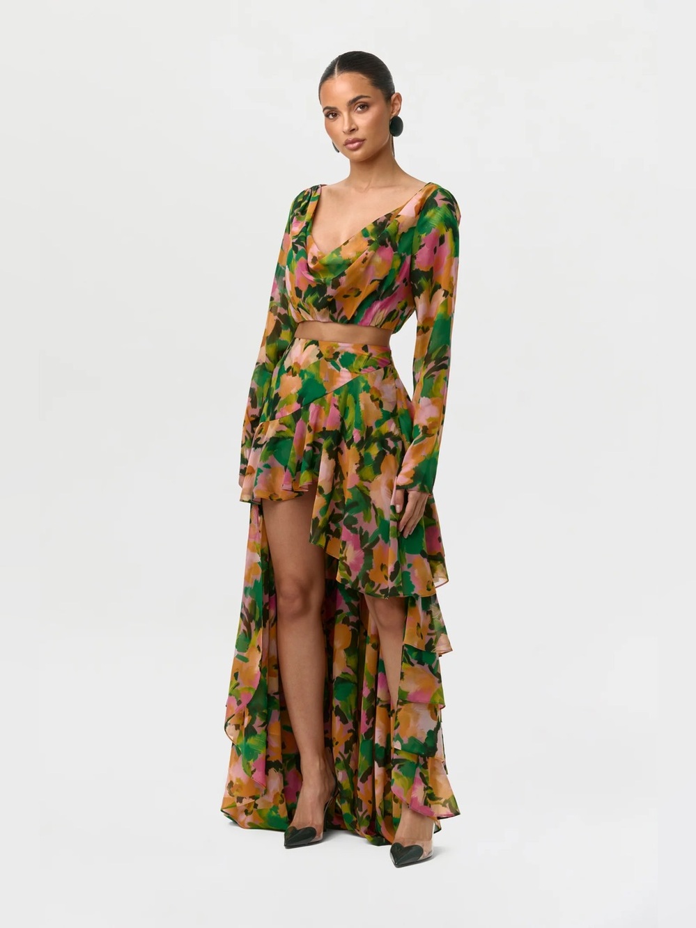 Naked Wardrobe Chiffon Floral Asymmetric Ruffle Skirt Secret Garden